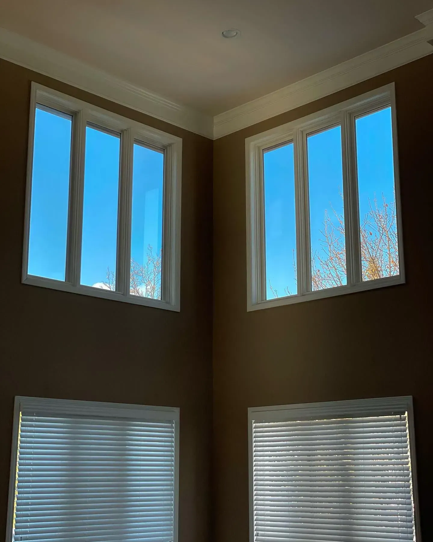 Corner of a room with tall windows and white blinds, showing blue sky outside.