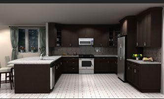 A kitchen with dark cabinets and stainless steel appliances.