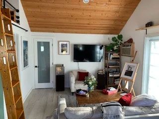 A living room with a couch , chair , television and ladder.