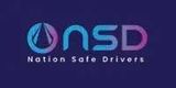 Logo for Nation Safe Drivers: Blue and purple text on a dark blue background.