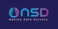 Logo for Nation Safe Drivers: Blue and purple text on a dark blue background.
