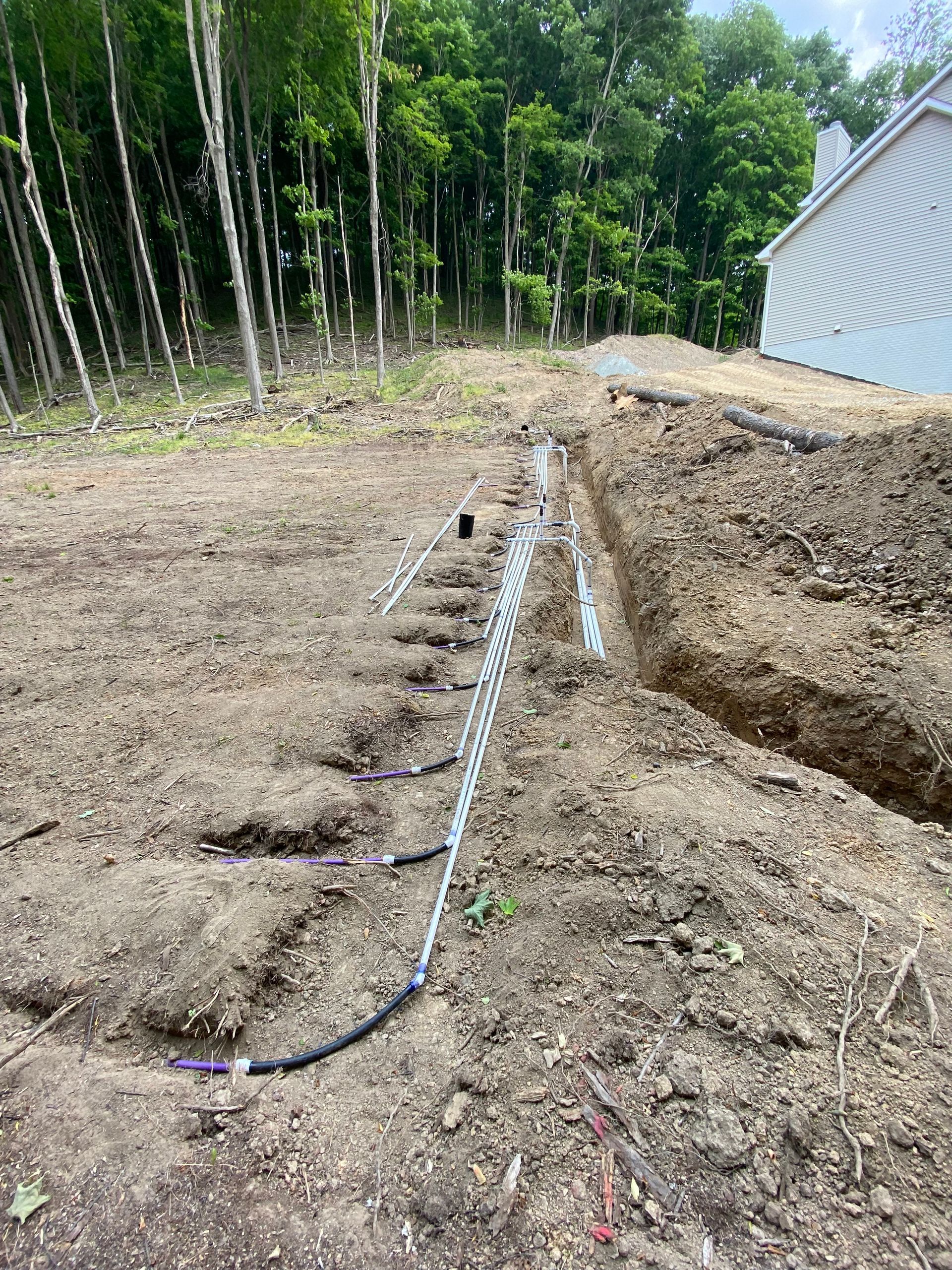 A bunch of wires are laying in the dirt in a field.