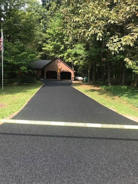 A driveway leading to a house surrounded by trees