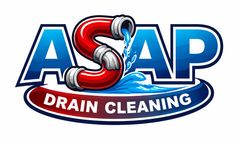 ASAP Drain Cleaning logo with blue and red text and a red pipe forming the S