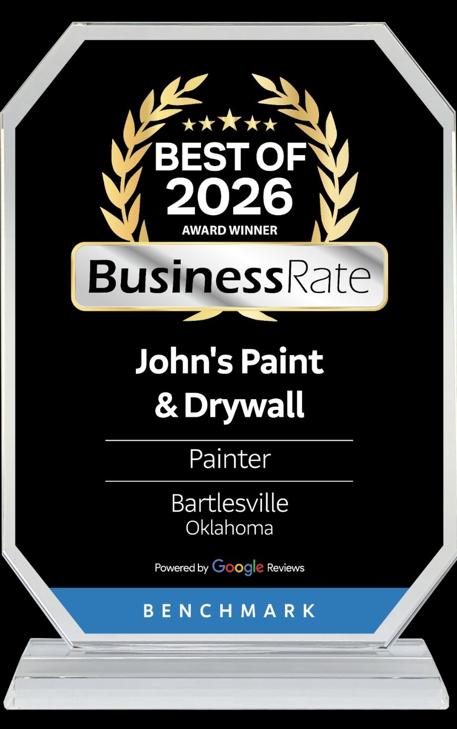 A Best of 2026 BusinessRate award plaque for John's Paint & Drywall in Bartlesville, Oklahoma, on a black background.