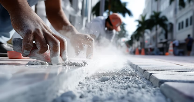 Construction workers laying pavers, releasing dust; city street background.