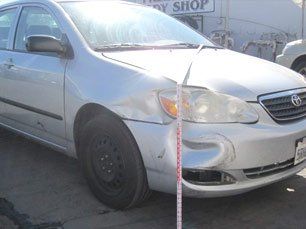 front passenger side dent in a silver toyota