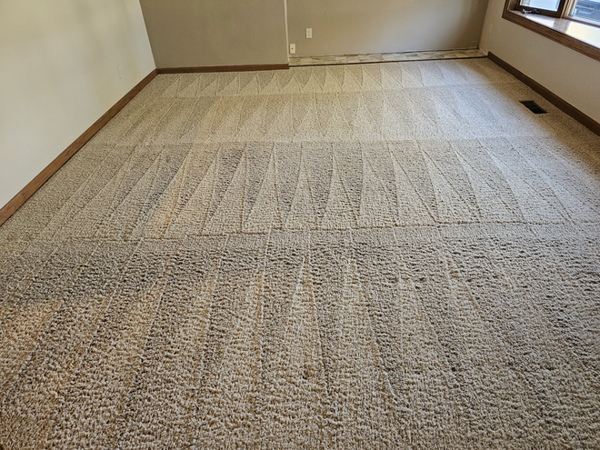 Beige and dark patterned carpet in an empty room, bordered by wood trim, near a wall and window.