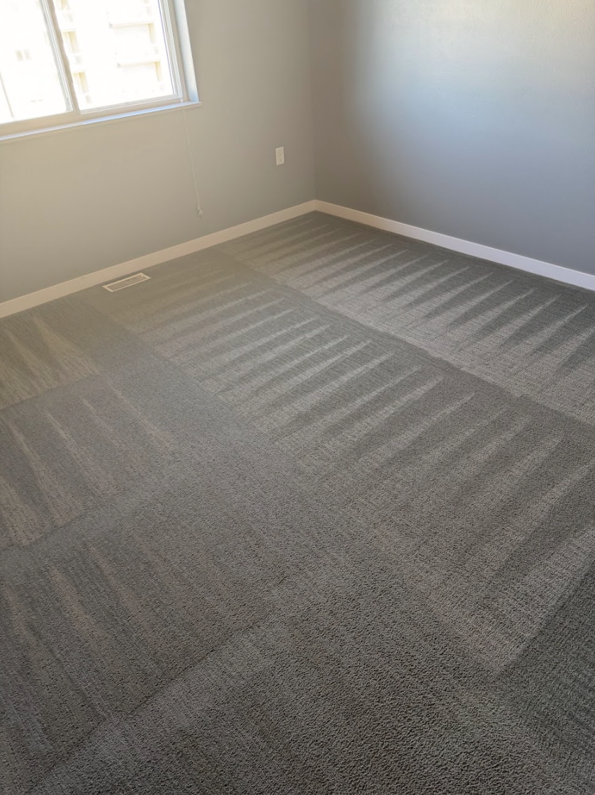 Gray carpet in a room with a window. The carpet has a striped pattern.