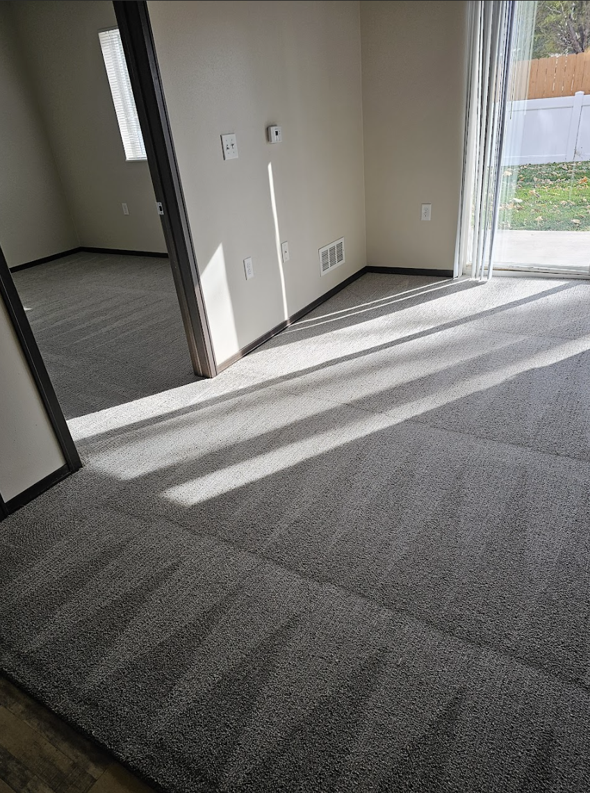Room with gray speckled carpet, bright sunlight streams through a sliding glass door.