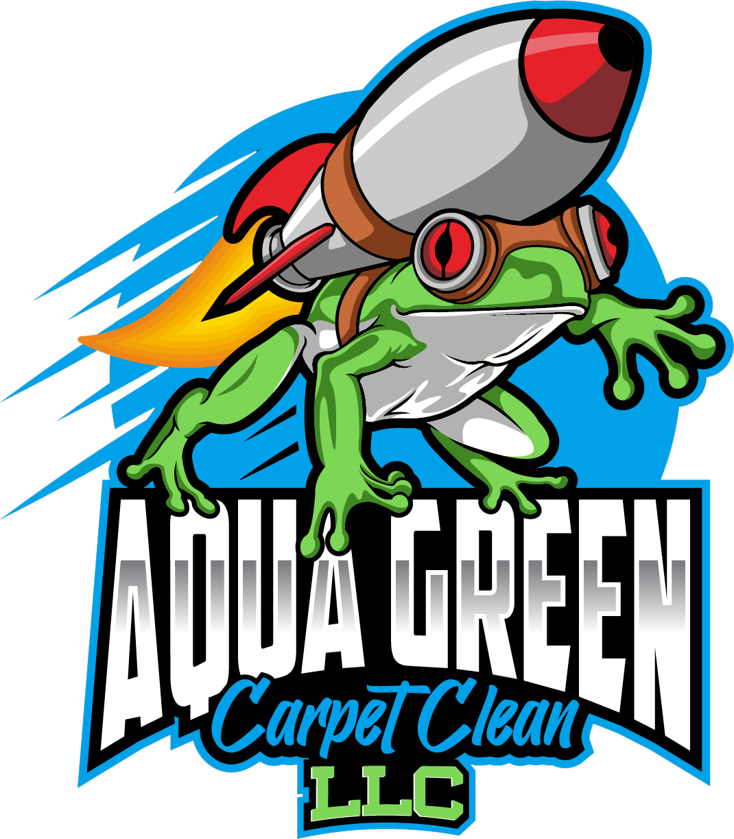 Green frog with rocket pack flying above text: "Aqua Green Carpet Clean LLC" on a blue background.