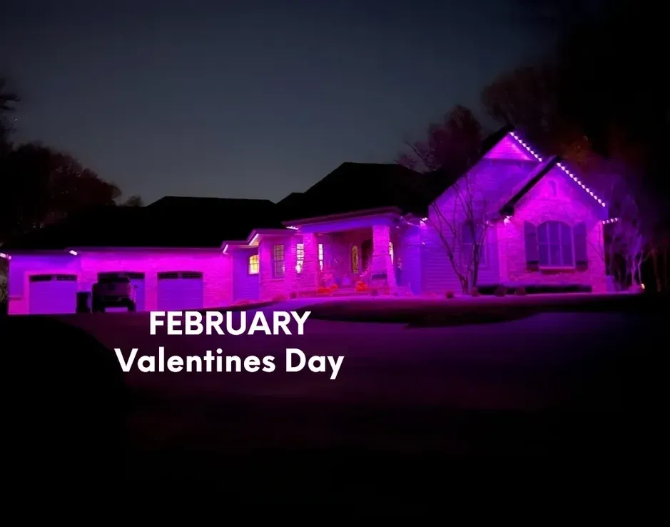 House illuminated with purple lights, text reads 