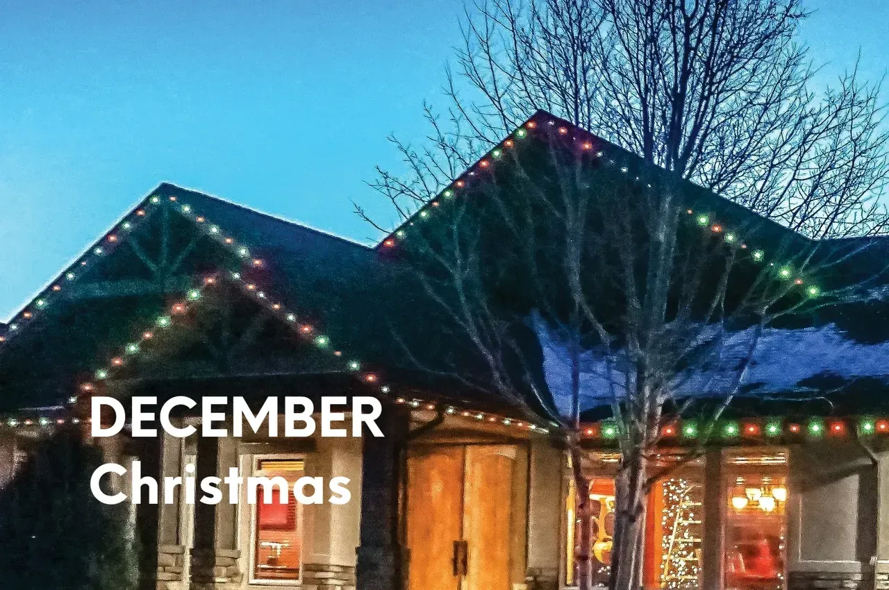 House decorated with Christmas lights in December.