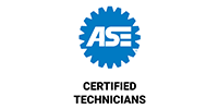 Blue ASE Certified Technicians logo featuring a gear icon with the letters