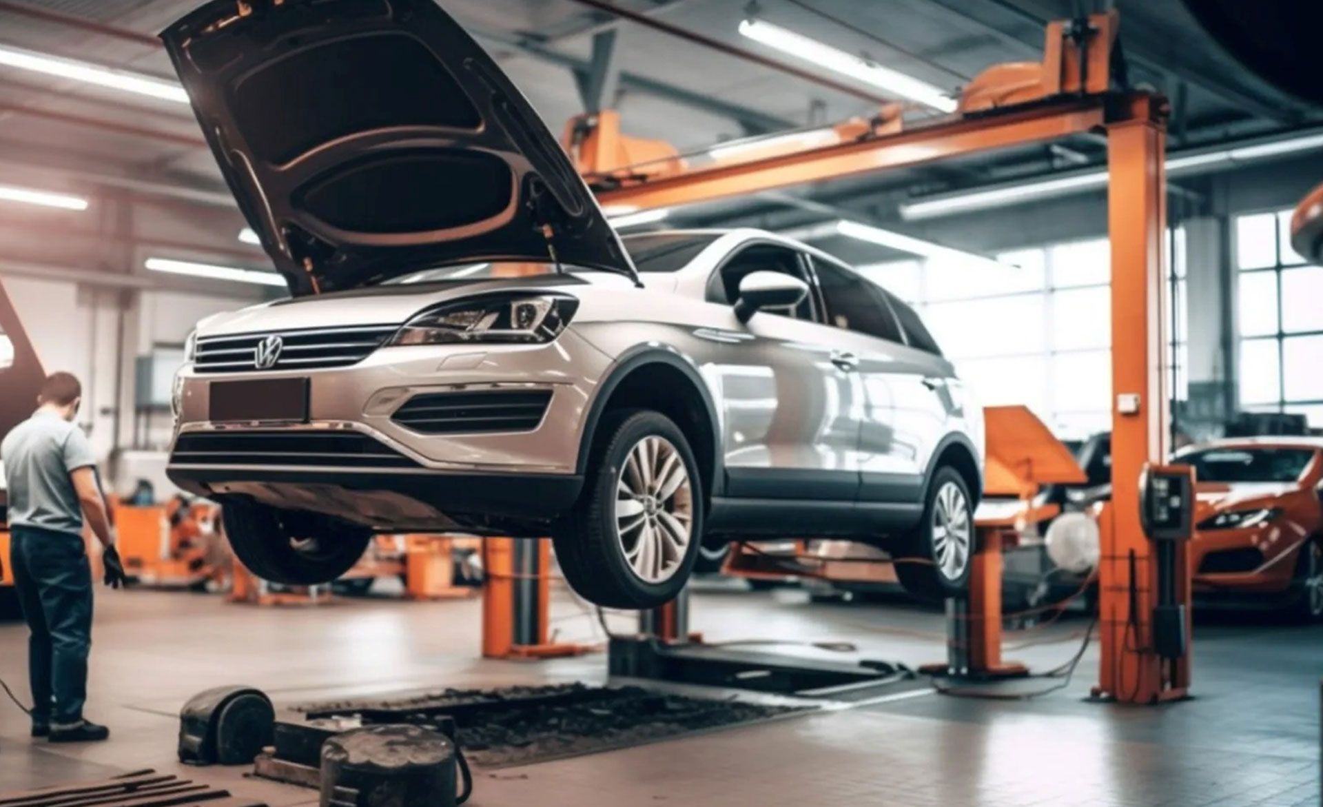 A silver Volkswagen SUV is raised on a lift in a brightly lit automotive repair shop with a technician nearby.