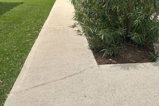 A sidewalk leads to a grassy yard with a bush in the middle.
