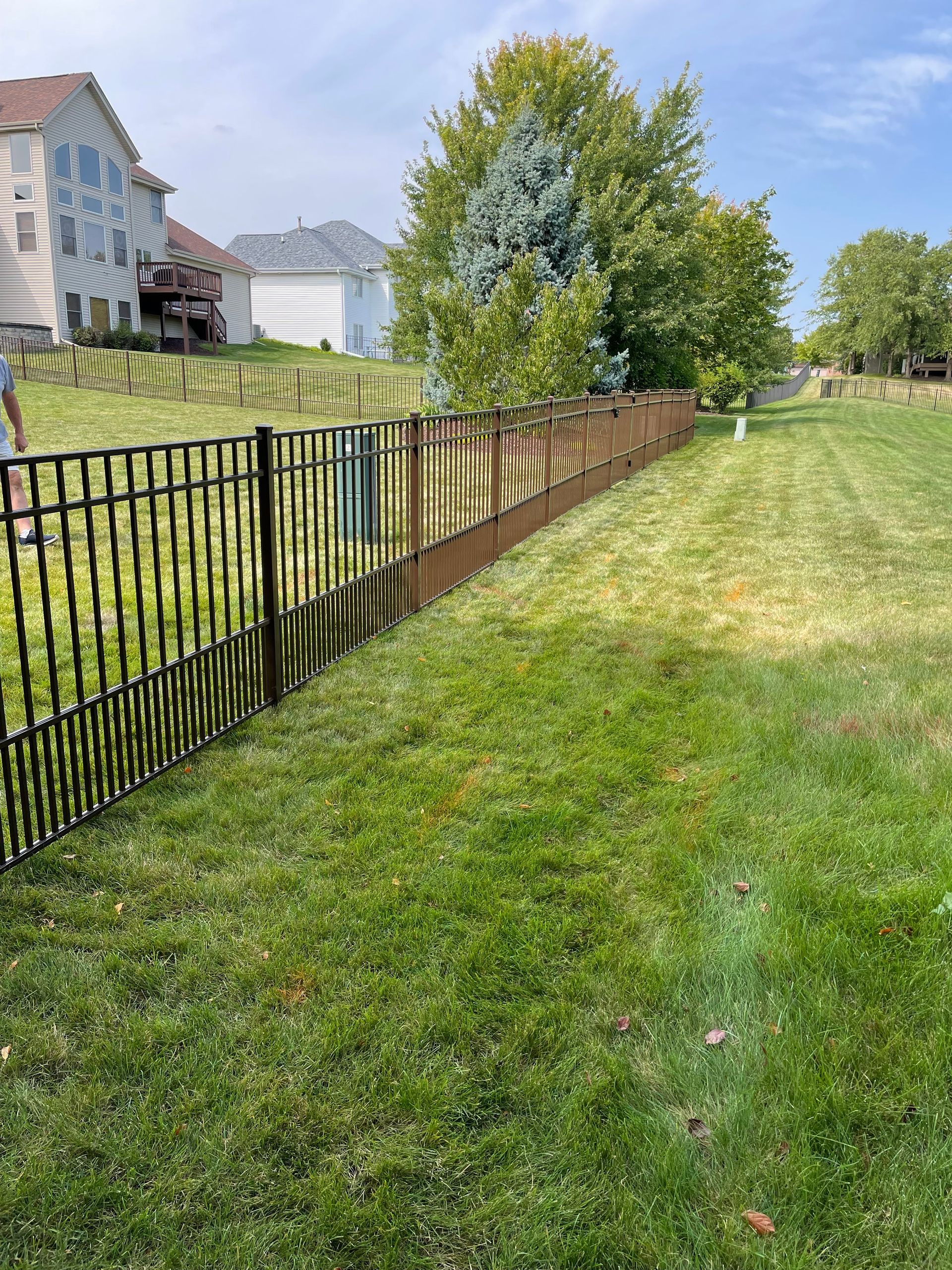 A man is standing next to a metal fence in a lush green field.