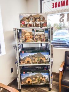 A roofing center display in a waiting room