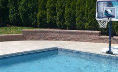 A blue backyard swimming pool with a basketball hoop on the deck and a tan retaining wall backed by tall evergreen trees.