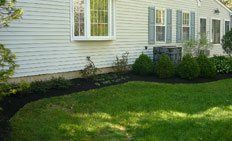 White vinyl siding house exterior with a bay window and dark mulch landscape featuring trimmed round green bushes.