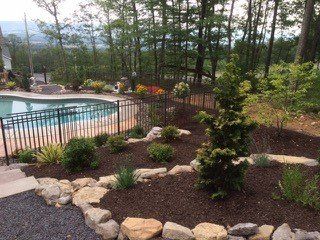 A swimming pool surrounded by trees and rocks in a backyard.