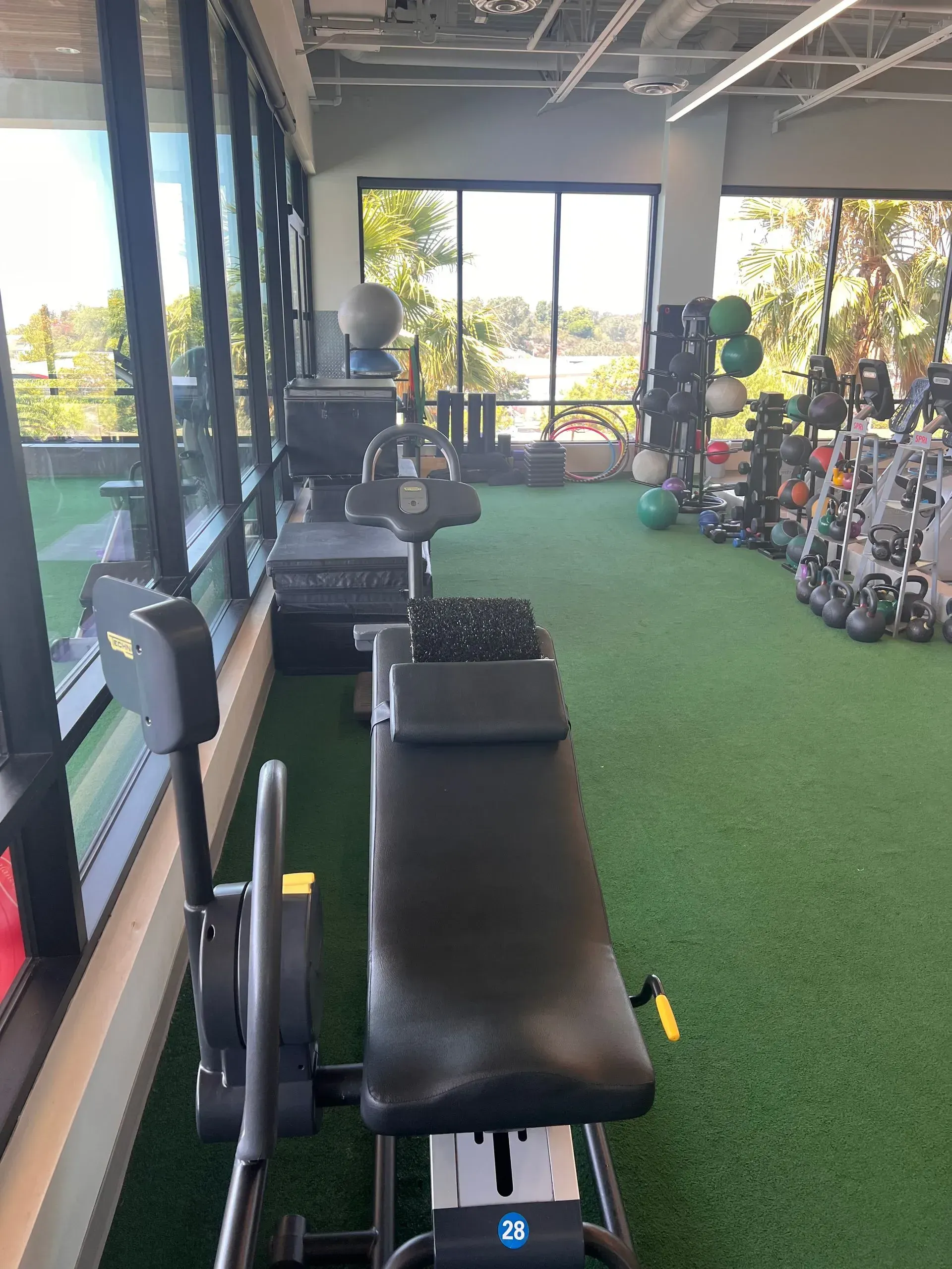 Gym interior with exercise equipment on green turf floor, near large windows and weights.