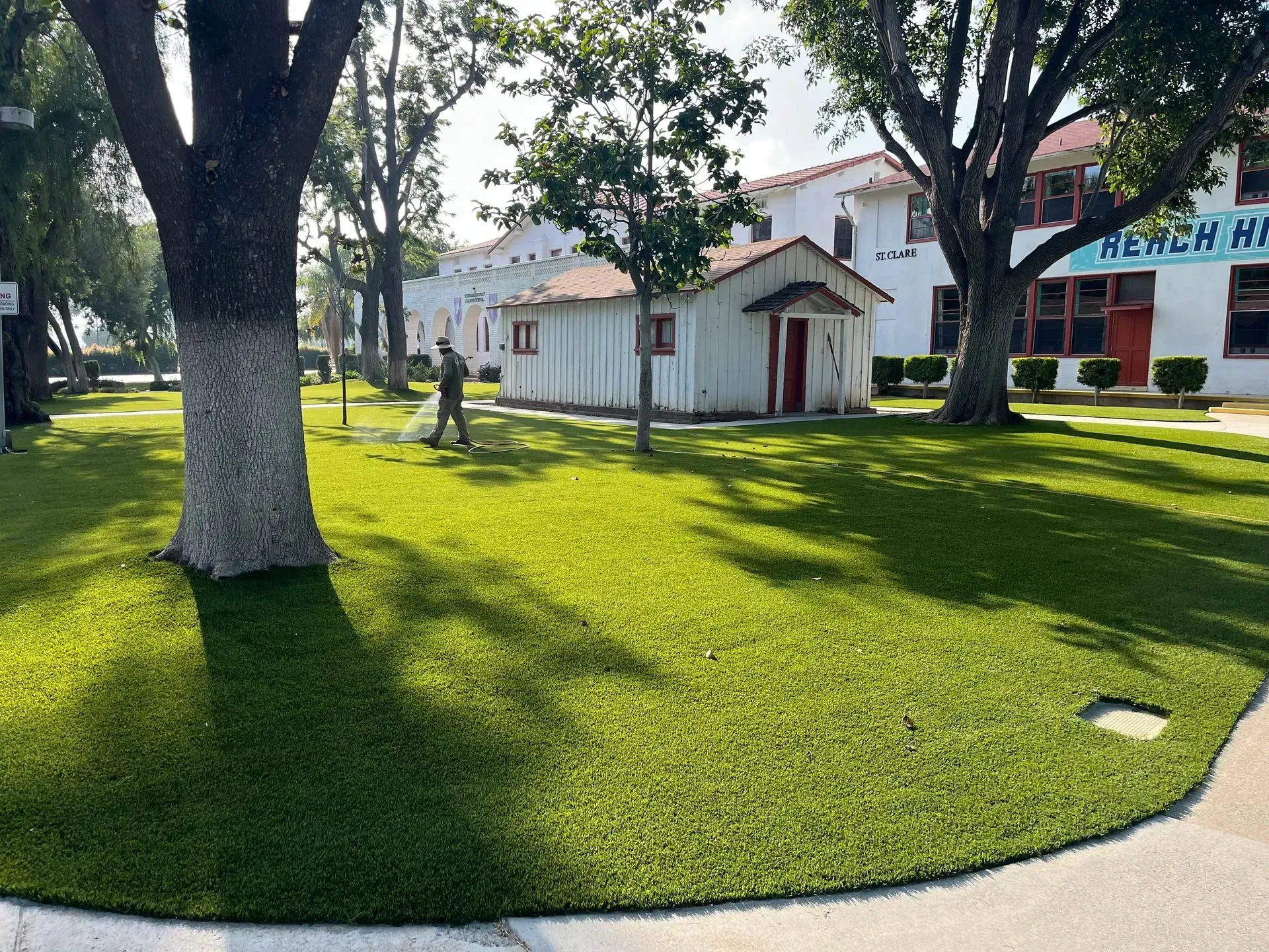 Green lawn in front of a white building with trees; person mowing lawn. Sunny day.