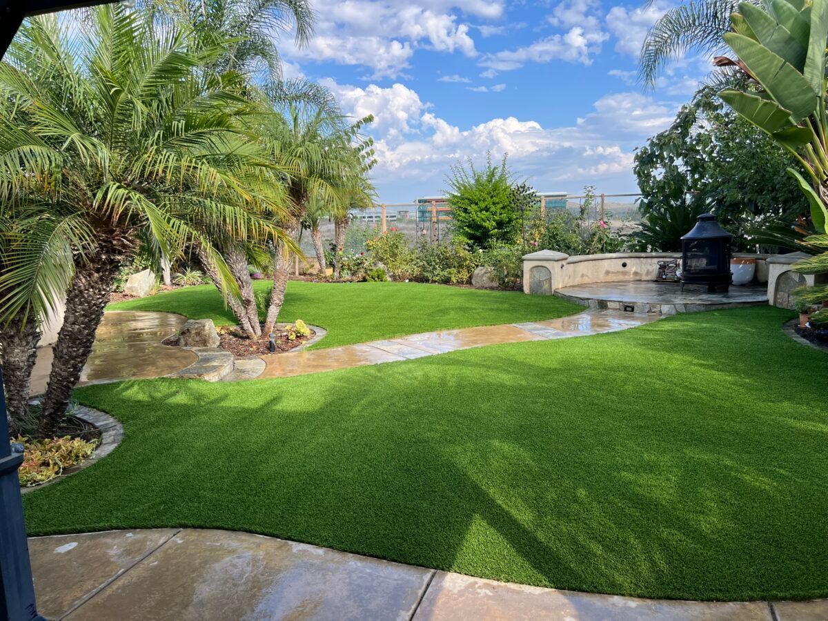 Lush green lawn with palm trees, a brick pathway, and a patio with a grill under a cloudy blue sky.