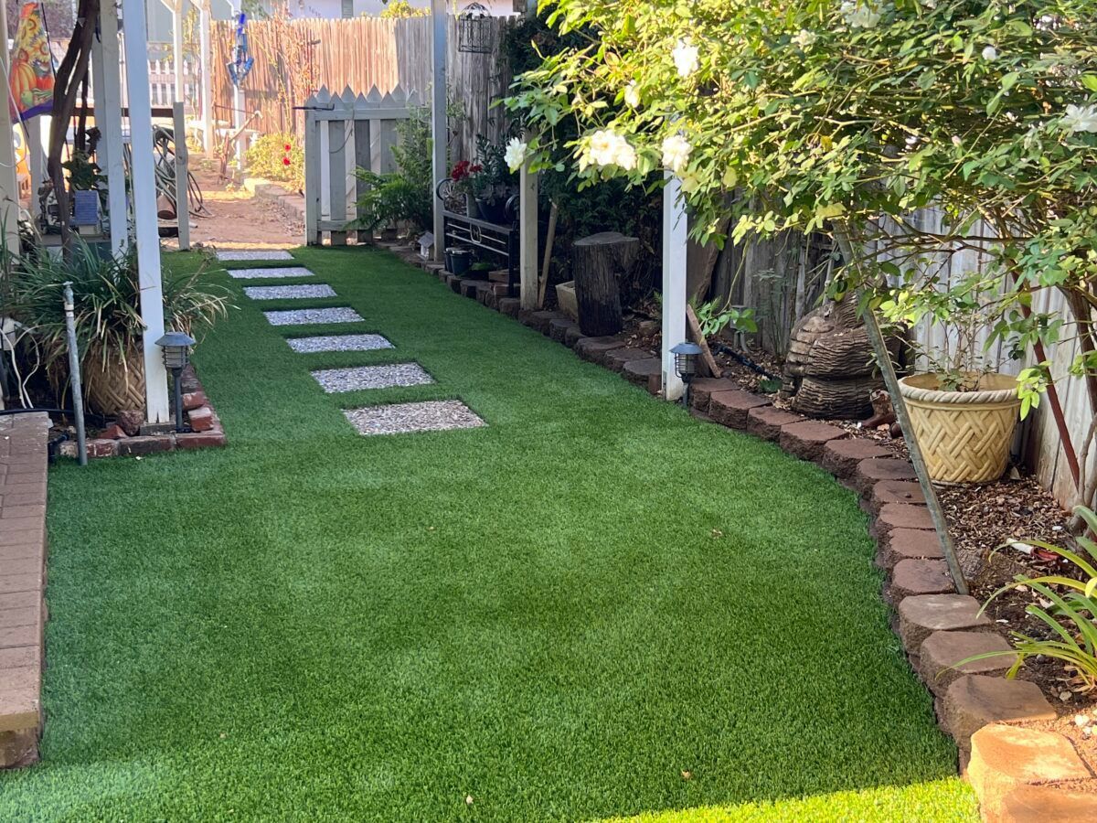 Green turf backyard with stepping stones leading to a wooden gate, flanked by plants and a covered structure.