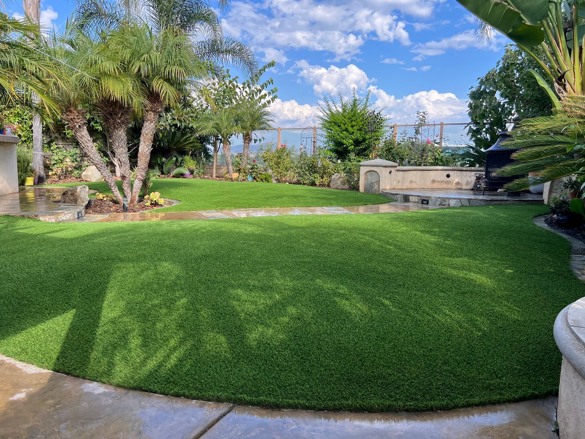 Green artificial lawn in a backyard, palm trees, blue sky with clouds.