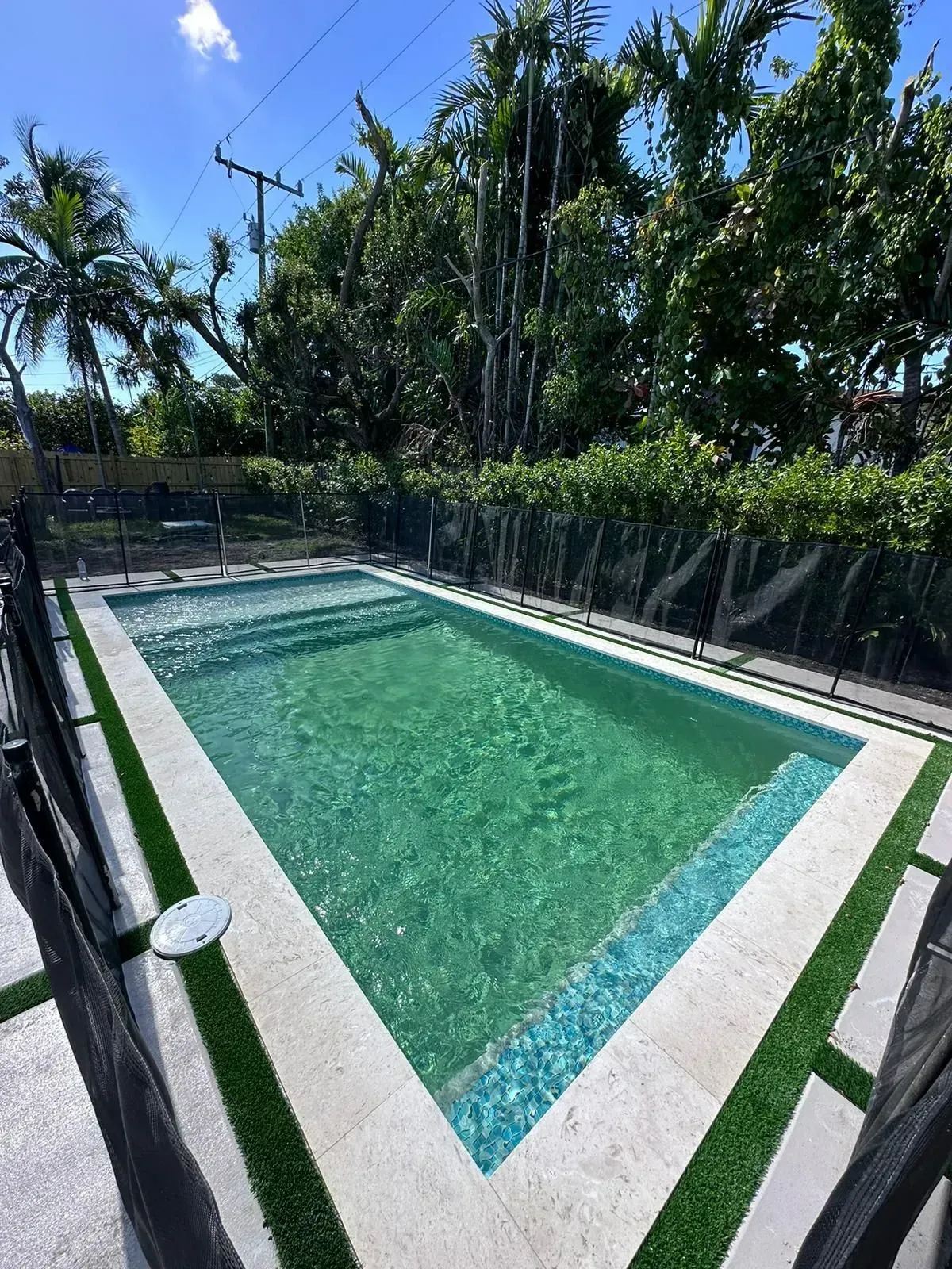 Rectangular swimming pool surrounded by artificial turf, fenced in, set amongst greenery under a blue sky.