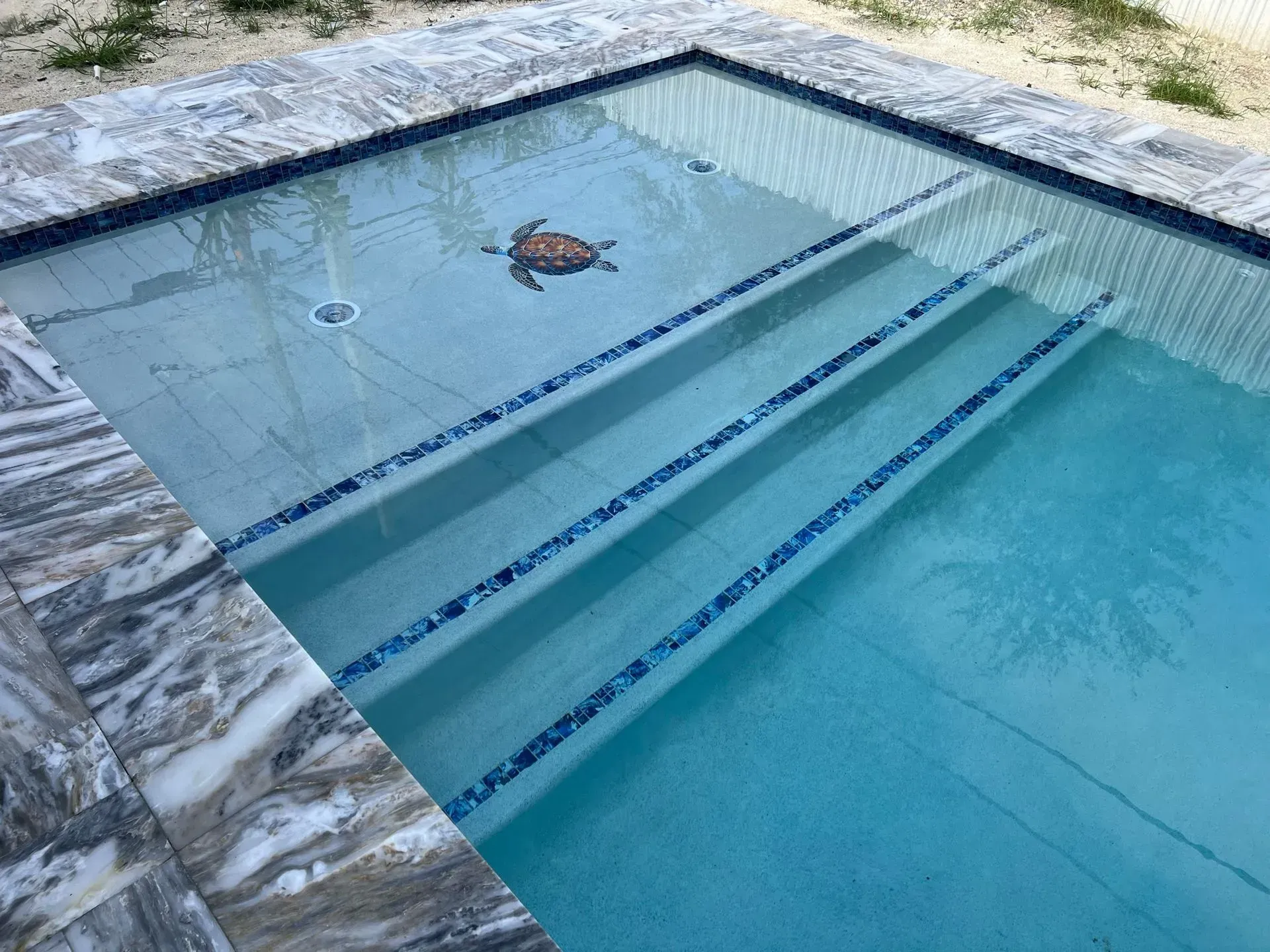 Pool with mosaic turtle design, steps, and marble tile surround.