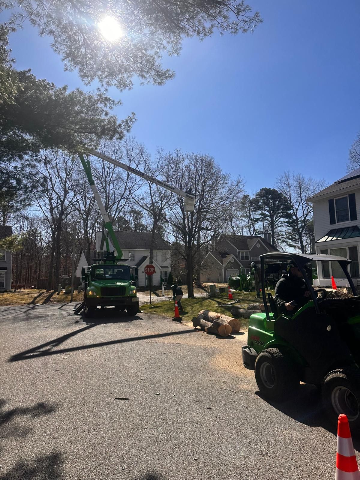 A green crane is cutting a tree in front of a house.