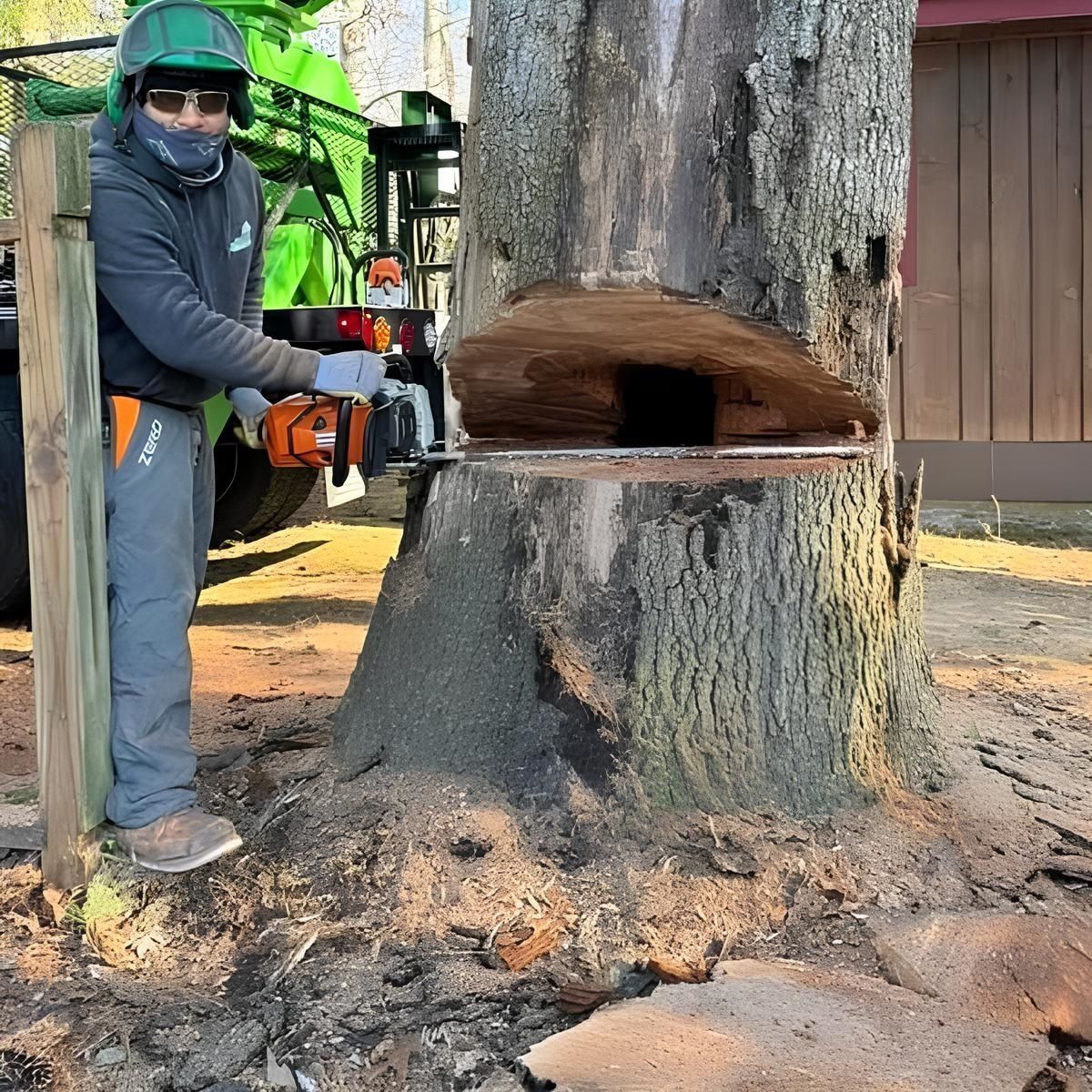 A man is cutting a tree with a chainsaw.