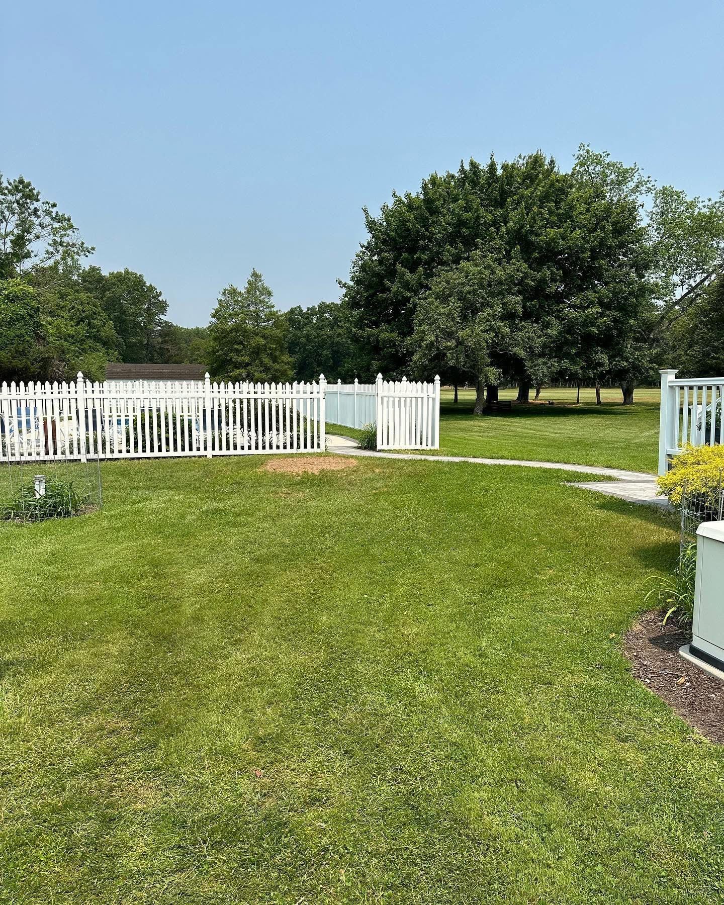 A large lush green field with a white fence and trees in the background.