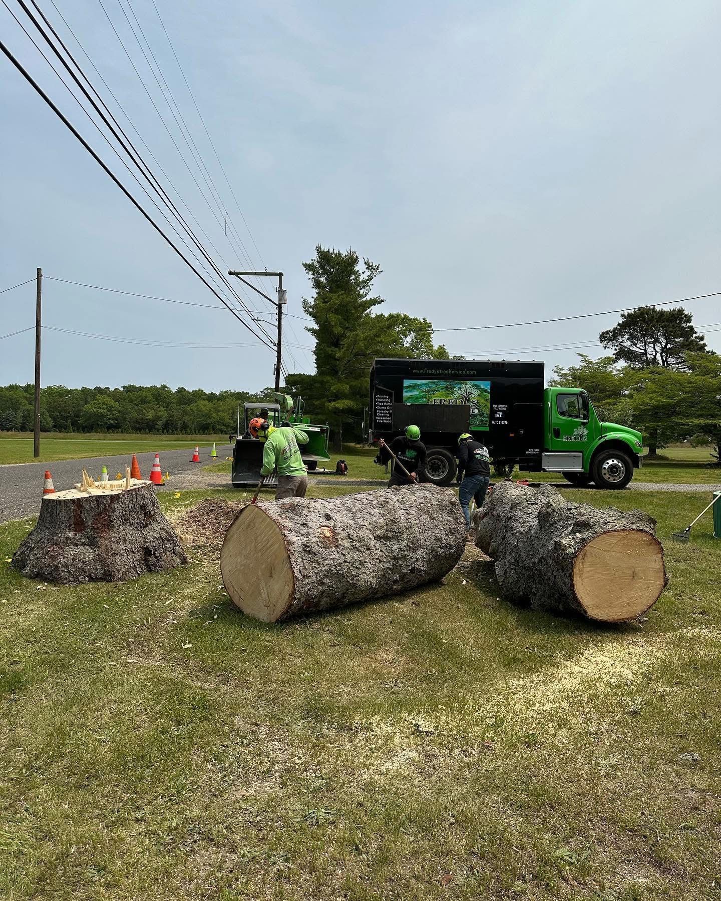 A tree stump is sitting in the grass next to a truck.