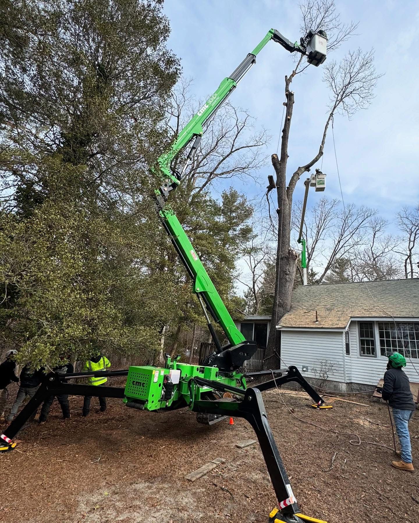 A green crane is cutting a tree in front of a house.