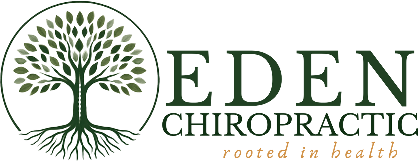 Eden Chiropractic logo with tree and roots icon in green and brown, tagline “rooted in health”