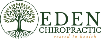 Eden Chiropractic logo with tree and roots icon in green and brown, tagline &ldquo;rooted in health&rdquo;