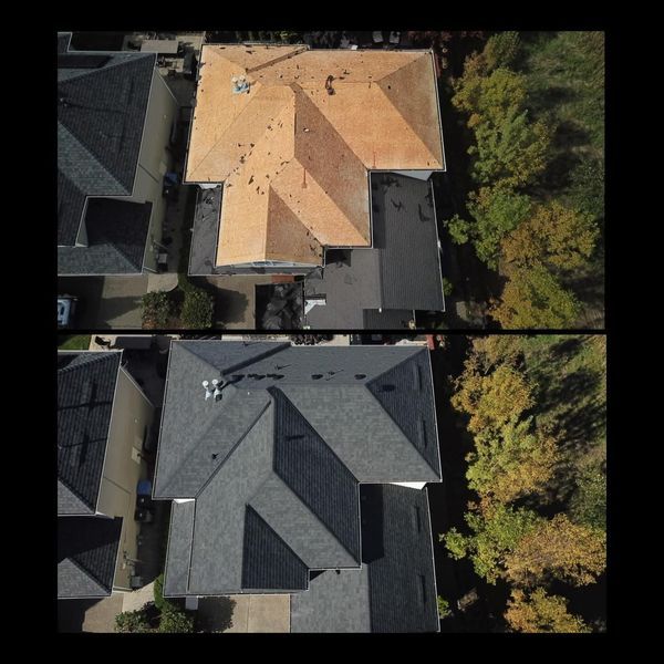 Top: Tan roof, Bottom: Gray roof. Aerial view of a house before and after a roof replacement.