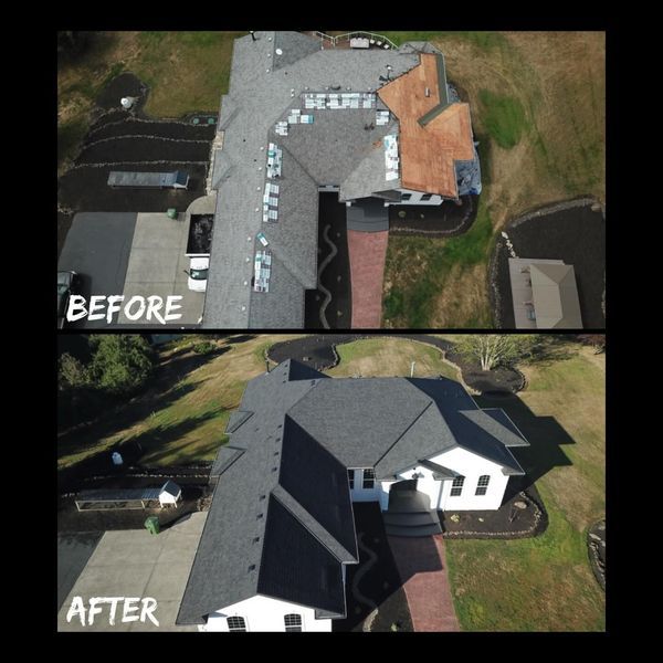 Side-by-side comparison of a house roof, before and after. The 