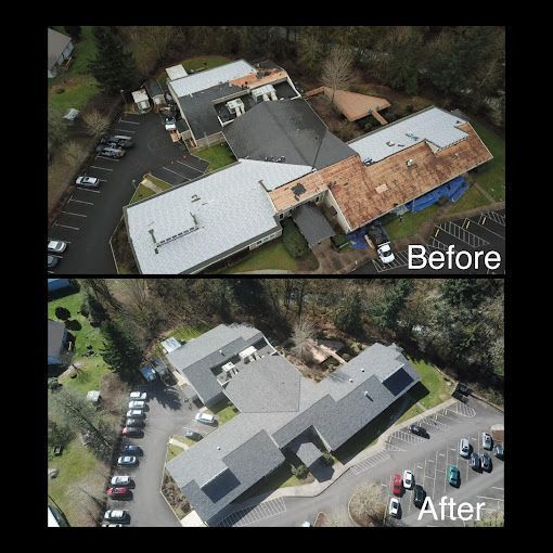 Overhead view of a building's roof before and after renovation; the 