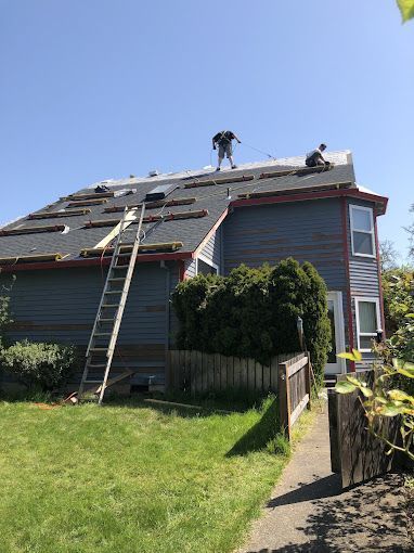 Roofers working on a two-story blue house on a sunny day. Ladder leans against the house.