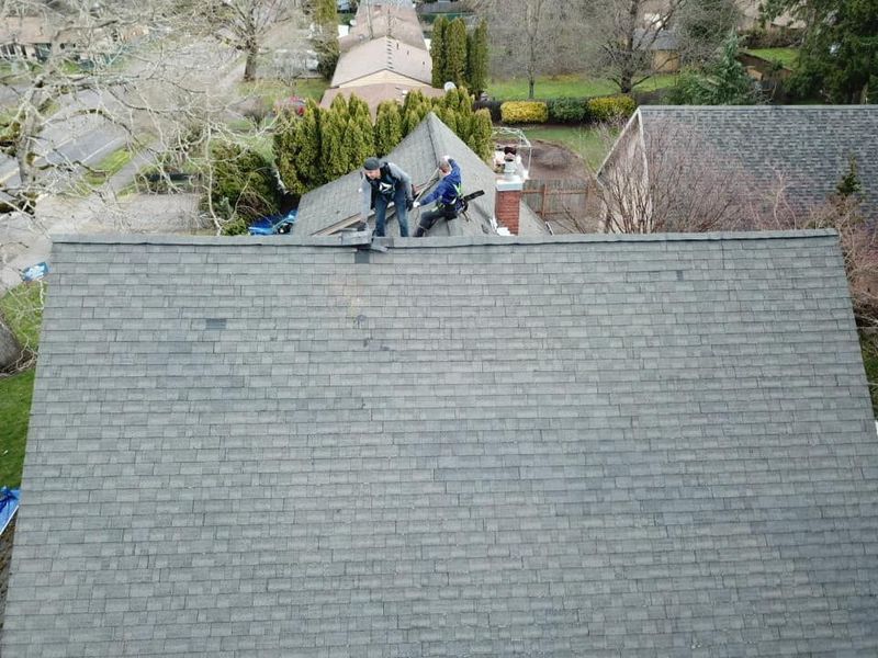 Two people working on a gray shingle roof, near a chimney, using a leaf blower.