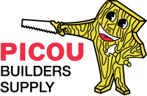 The logo for picou builders supply shows a wooden man holding a saw.