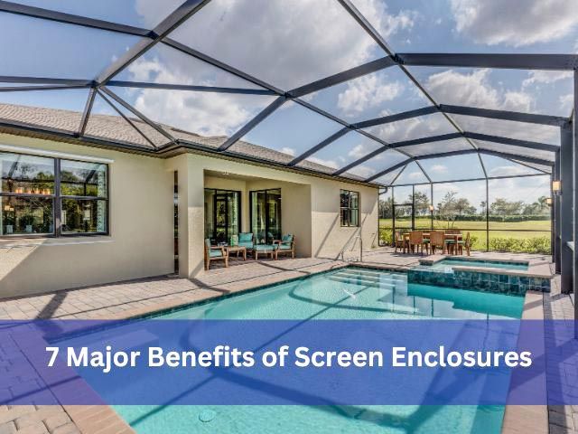 Screened patio enclosure with metal frame and beige house exterior, overlooking a grassy yard