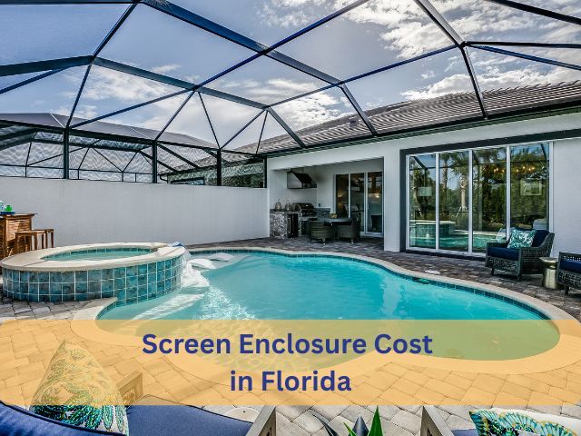 Florida pool screen enclosure with hot tub, patio chairs, and text Screen Enclosure Cost in Florida