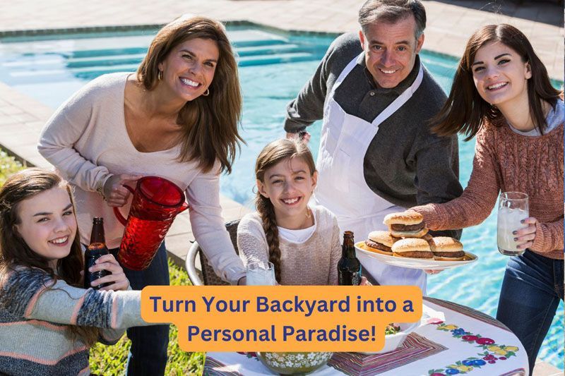 Family smiling by a pool with drinks and a picnic table, promoting Turn Your Backyard into a Personal Paradise!