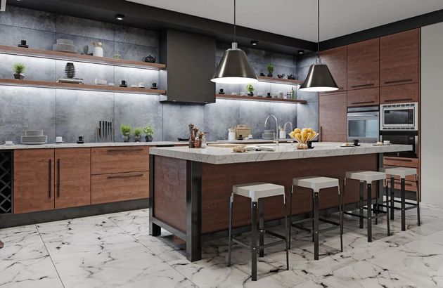Modern kitchen with island, stools, pendant lights, wood cabinets, and white tile floor