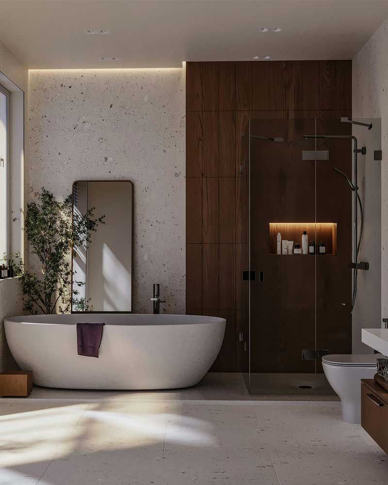 Modern bathroom with freestanding tub, wooden shower enclosure, and soft natural light